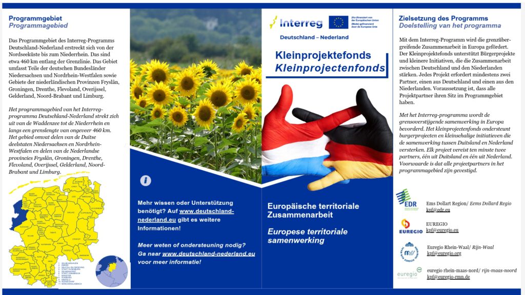 Faltblatt zum Interreg-Programm DE-NL mit Sonnenblumenfeld, Flagge und Projektinfos