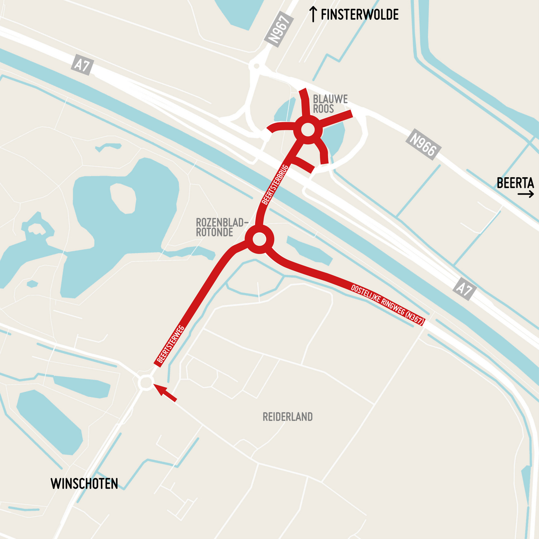 rote Linie als Sperrungslinie des Kreisverkehrs in Winschoten