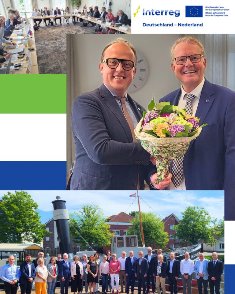Bildercollage aus zwei Gruppenfotos und einem Foto zweier Männer.