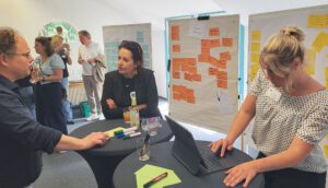 Menschen vor Pinnwänden in Gesprächsrunden
