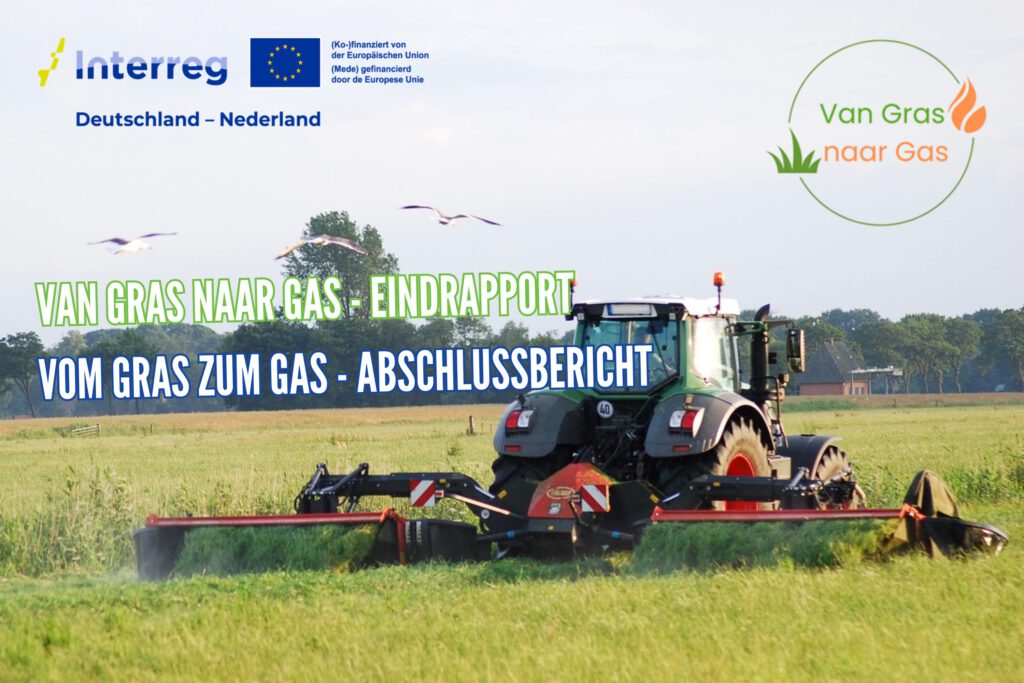 Trecker der Gras mäht. Text: Vom Gras zum Gas - Abschlussbericht. Interreg-Logo und Projekt-Logo.