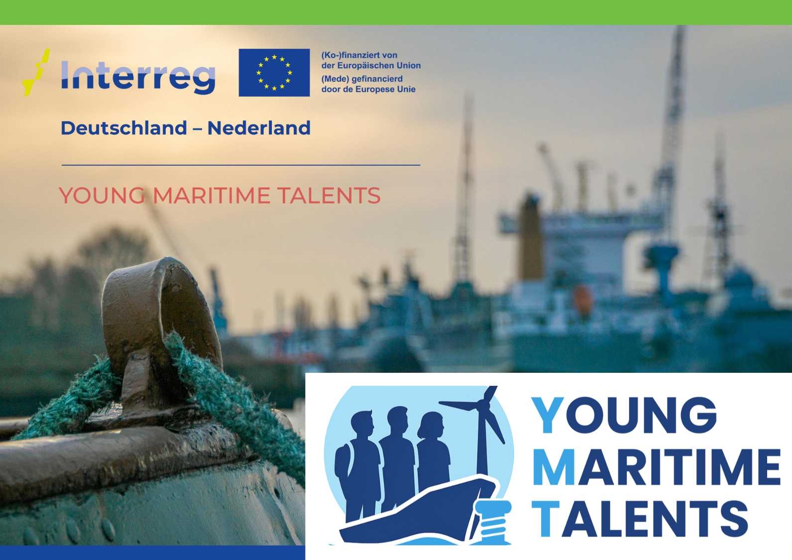 Das Foto zeigt maritime Atmosphäre mittels eines Knotens in einem Schiffstau. Dazu sind die Logos von Interreg sowie vom Projekt Young Maritime Talents zu sehen.