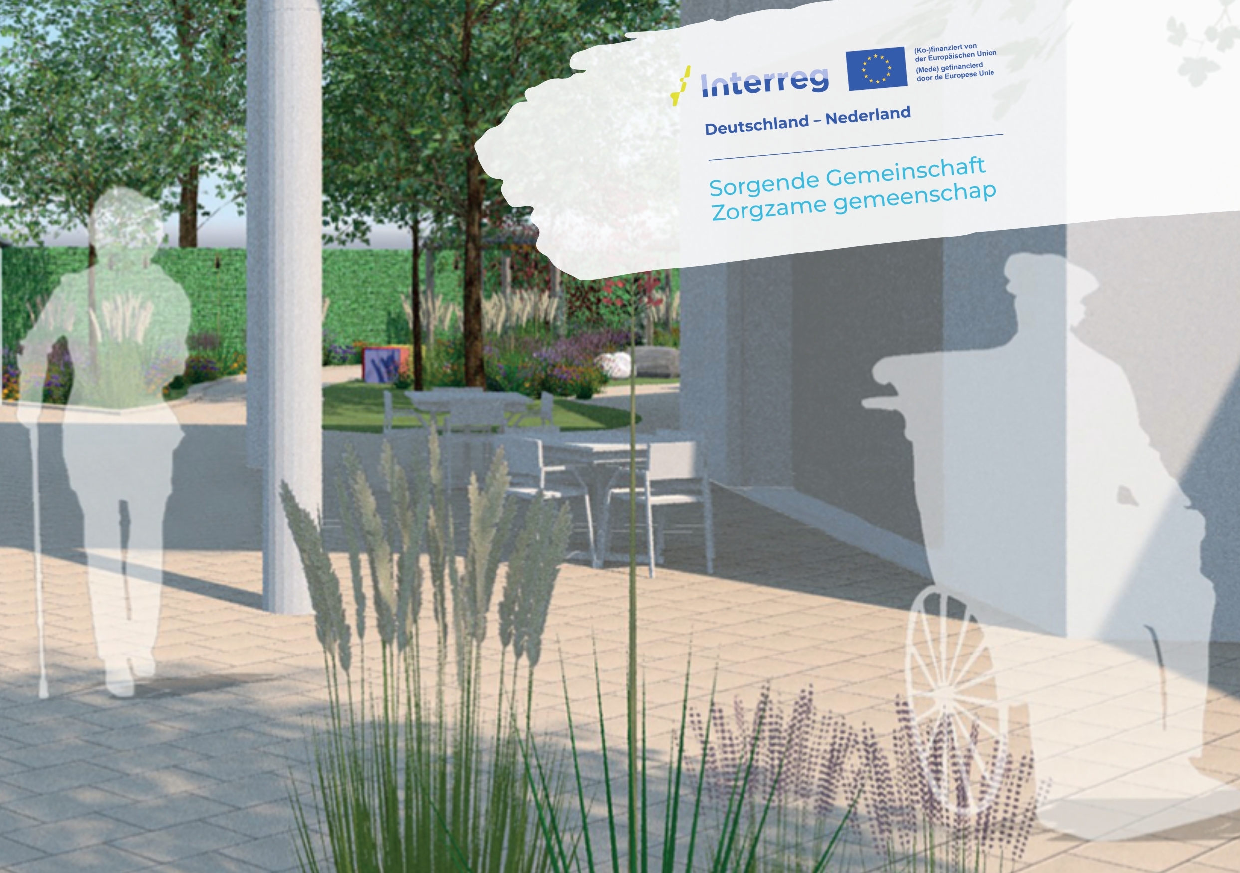Illustration eines barrierefreien, begrünten Außenbereichs mit Sitzgelegenheiten, Pflanzen und Bäumen. Silhouetten eines gehenden Menschen mit Gehstock und einer Person im Rollstuhl sind erkennbar. Oben rechts befindet sich ein Interreg-Logo mit dem Text ‘Deutschland – Nederland’ und ‘Sorgende Gemeinschaft / Zorgzame gemeenschap’. Illustratie van een toegankelijke, groene buitenruimte met zitplaatsen, planten en bomen. Silhouetten van een lopende persoon met een wandelstok en een persoon in een rolstoel zijn zichtbaar. Rechtsboven staat het Interreg-logo met de tekst ‘Deutschland – Nederland’ en ‘Sorgende Gemeinschaft / Zorgzame gemeenschap.