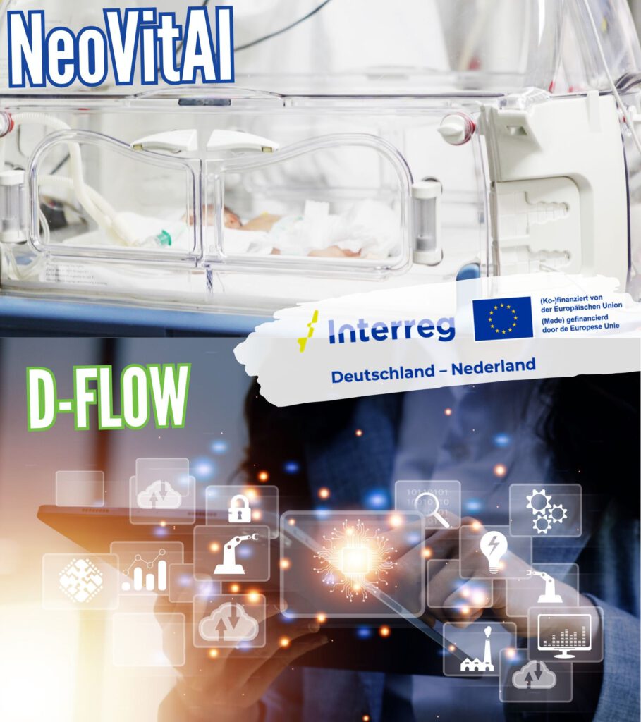 Eine Grafik, die ein Netzwerk unterschiedlicher kleiner Bilder zeigt und darüber ein Wärmekasten mit einem kleinen Baby drin. Die Überschriften oben "NeoVitAI" und unten "D-Flow".
