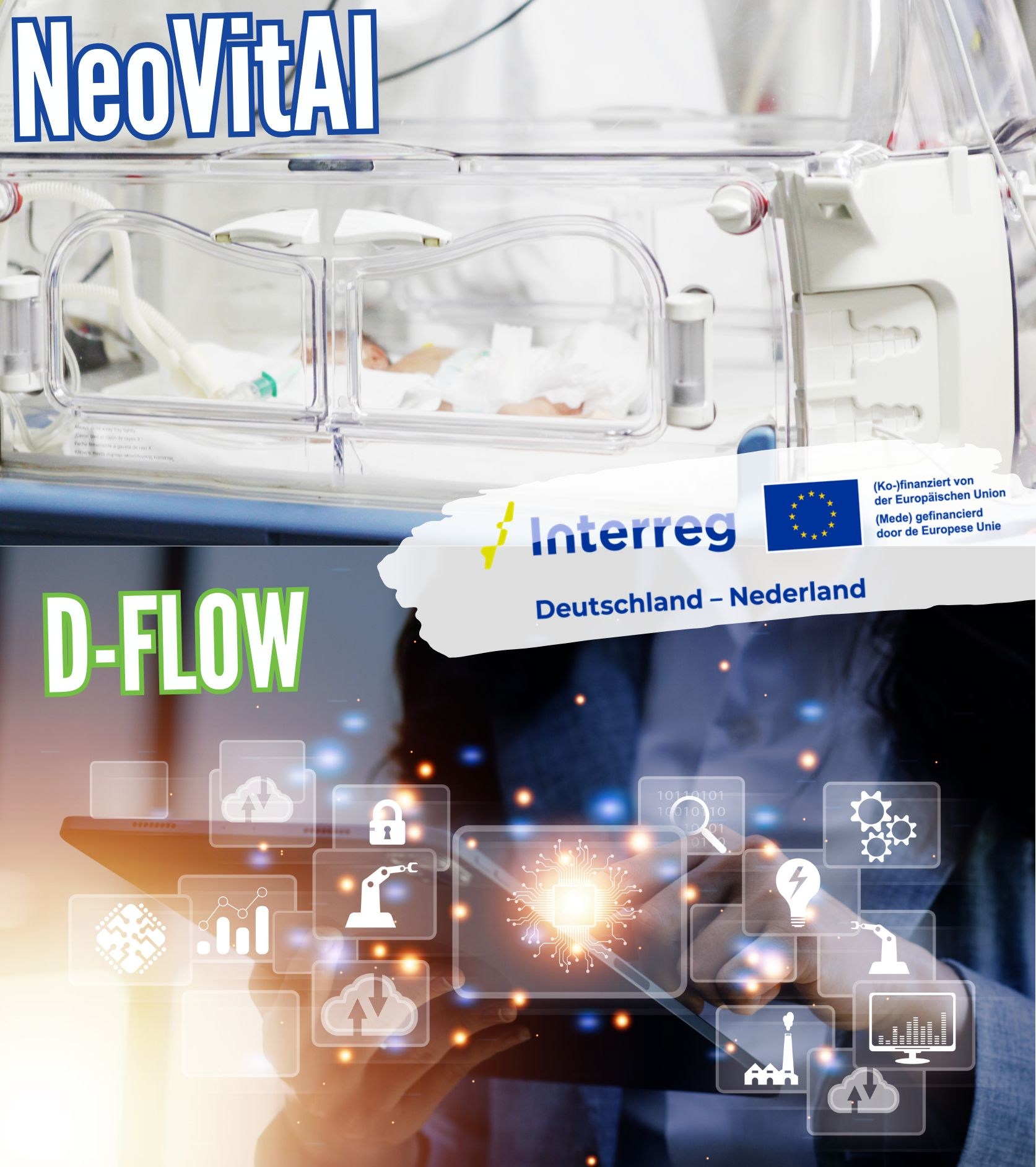 Eine Grafik, die ein Netzwerk unterschiedlicher kleiner Bilder zeigt und darüber ein Wärmekasten mit einem kleinen Baby drin. Die Überschriften oben "NeoVitAI" und unten "D-Flow".