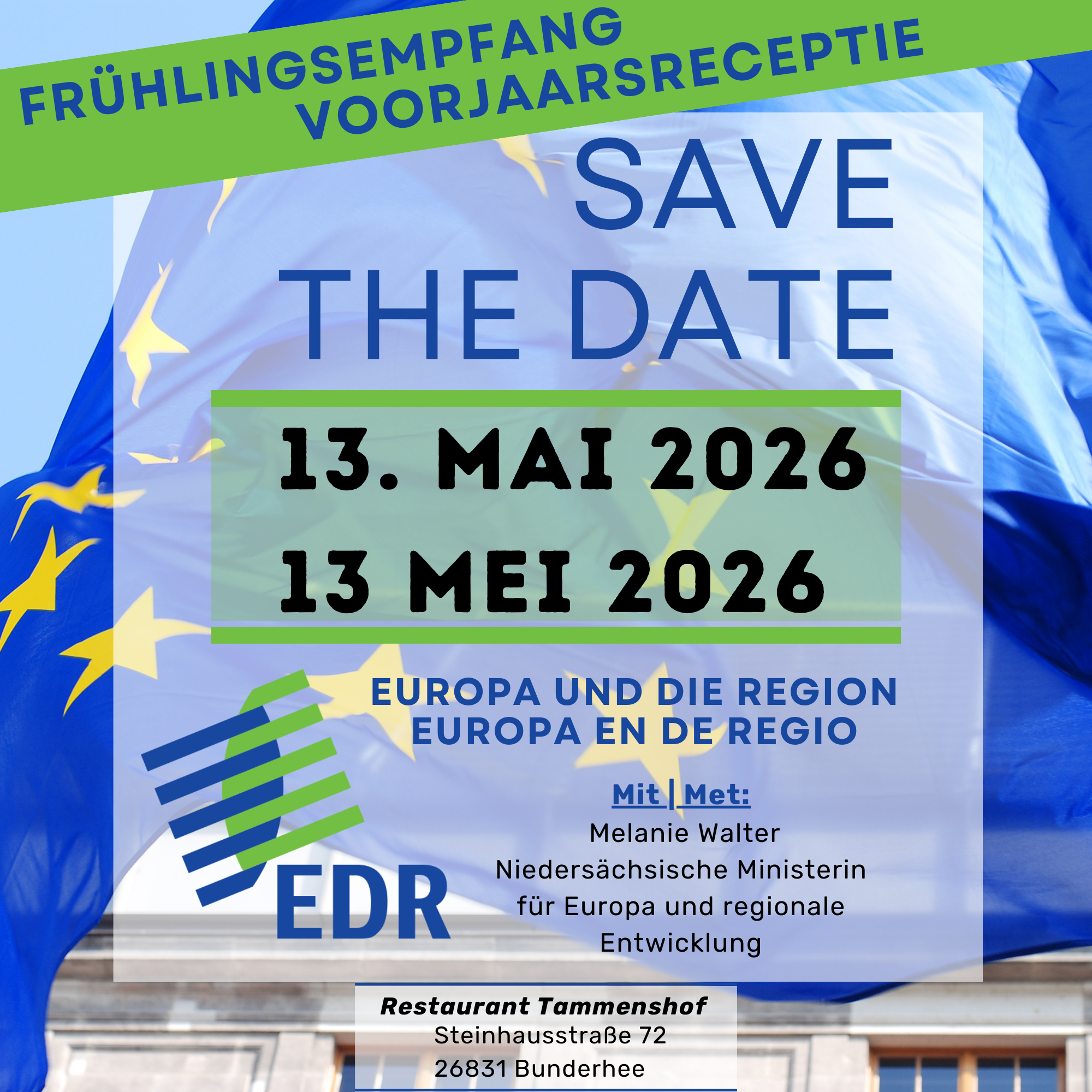Save the Date EDR Frühlingsempfanf am 13. Mai 2026 mit Ministerin Melanie Walter und dem EDR Logo