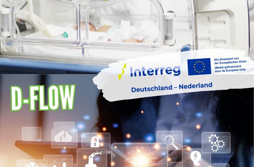 Eine Grafik, die ein Netzwerk unterschiedlicher kleiner Bilder zeigt und darüber ein Wärmekasten mit einem kleinen Baby drin. Die Überschriften oben "NeoVitAI" und unten "D-Flow".