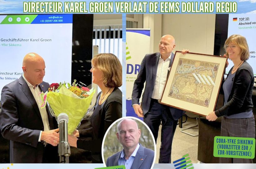 Cora-Yfke Sikkema überreicht Karel Groen Abschiedsgeschenke