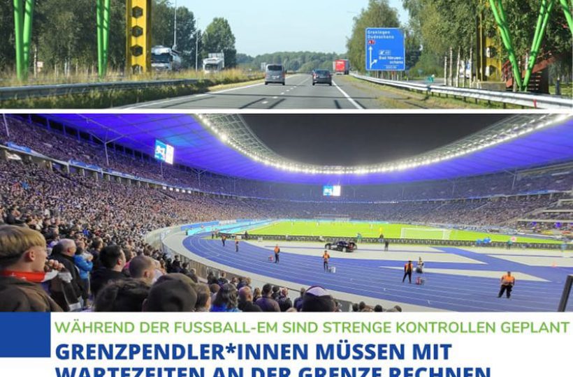 Bildmonate mit dem Blick auf eine Autobahn im oberen Bereich und ein Blick von der Tribüne eines Fußballstadions auf das Spielfeld mit vielen Zuschauern